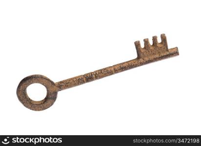 A photo of one old key on a over white background