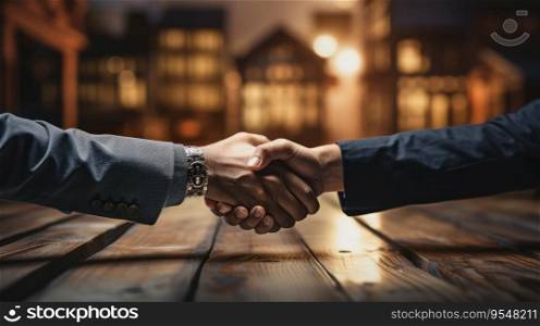 A photograph that captures a pivotal moment as two individuals shake hands, sealing a significant contract related to a charming small house. The image embodies trust, commitment, and the start of a new chapter in real estate.