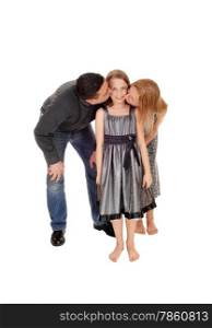 A picture of a couple kissing there young daughter on thechick, isolated for white background.