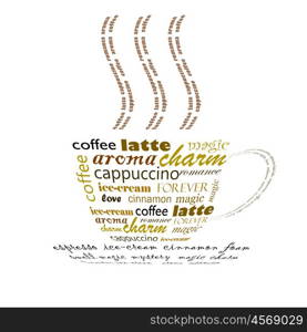 a picture of a cup of coffee made up of words