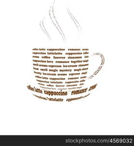 a picture of a cup of coffee made up of words