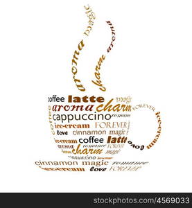 a picture of a cup of coffee made up of words