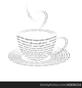 a picture of a cup of coffee made up of words