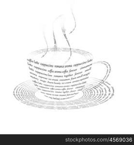 a picture of a cup of coffee made up of words