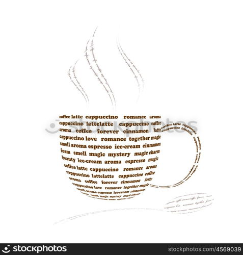 a picture of a cup of coffee made up of words