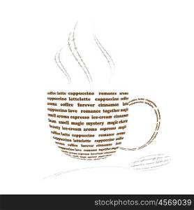 a picture of a cup of coffee made up of words