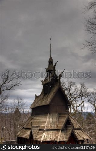 A picture of a stave church in Bergen, fana.