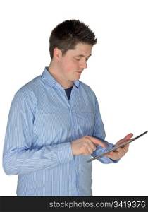 A picture of a young man with shirt touching a tablet.