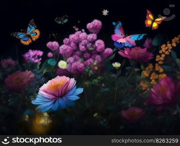 A Picture of Flowers Adorned with Butterflies, Set Against a Dark Night Sky. Generative AI.