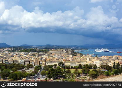 A picturesque view of the city of Corfu from the fortress of the Corfu town in Greece.. A picturesque view of the city of Corfu from the fortress of the Corfu town. Greece.