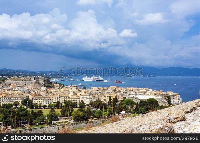 A picturesque view of the city of Corfu from the fortress of the Corfu town in Greece.. A picturesque view of the city of Corfu from the fortress of the Corfu town. Greece.