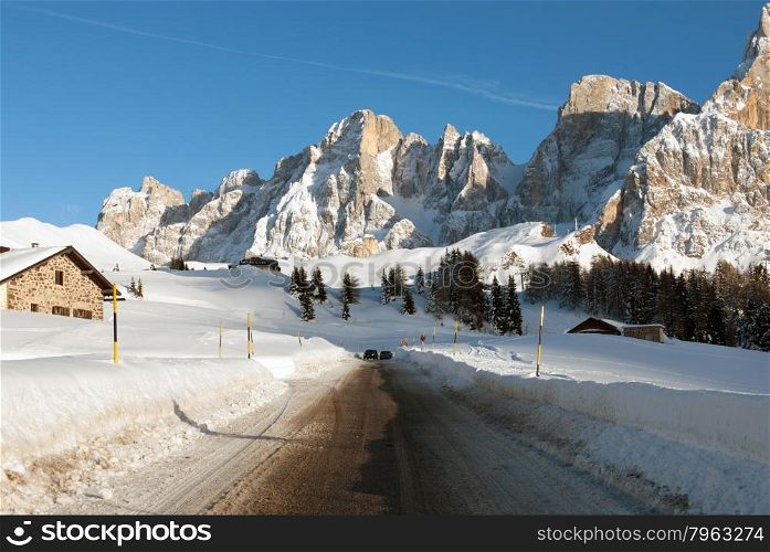 A picturesque winter scene in the Dolomites region of Northern Italy