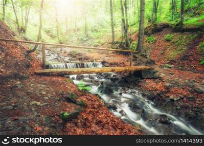A picturesque wooden bridge across a stream in the middle of a deciduous green summer forest. Crossing a small river. Spring season.