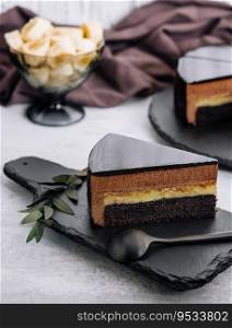 A piece of banana chocolate mousse cake