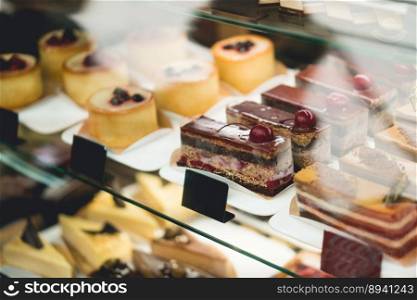 a piece of cake at a shop window confectionery