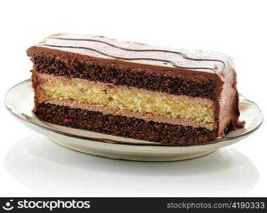A piece of chocolate fudge layer cake