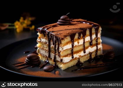 A piece of coffee layered cake with chocolate. A piece of coffee cake with chocolate