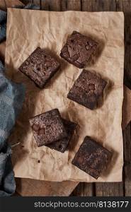A piece of homemade chocolate brownies, sweet and dessert. 