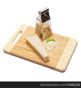 a piece of italian Parmesan and grated cheese on cutting board white background. a piece of Parmesan and grated cheese on cutting board white background