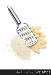 a piece of italian Parmesan and grated cheese on white background. a piece of Parmesan and grated cheese on white background