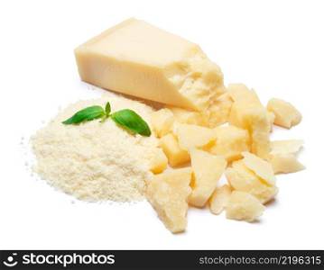 a piece of italian Parmesan and grated cheese on white background. a piece of Parmesan and grated cheese on white background