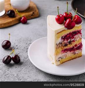 A piece of milk cake with cherries