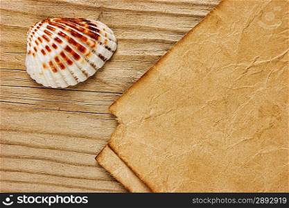 a piece of paper and seashells on old wooden board