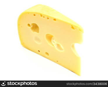 ""A piece of Swiss cheese isolated on white yellow delicatessen;""