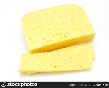 A piece of Swiss cheese isolated on white yellow delicatessen;