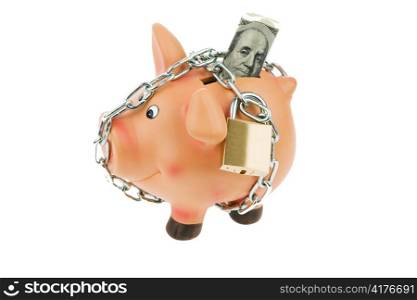 a piggy bank with money and the dollar chain. security when saving and investing money.