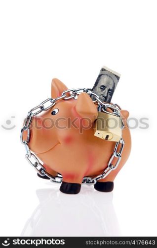 a piggy bank with money and the dollar chain. security while saving and investing money.