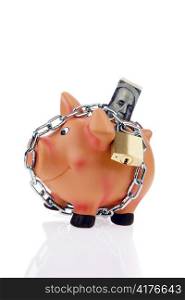 a piggy bank with money and the dollar chain. security while saving and investing money.