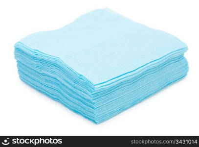 a pile of blue paper napkins, over white