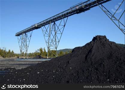 A pile of coal dust and the steel infrastructure for loadout facilities at a coal mine