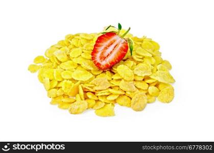 A pile of corn flakes with strawberries cut in half isolated on white background