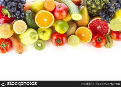 A pile of fresh, healthy fruits and vegetables on white.&#xA;
