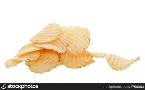 A pile of rippled potato chips, shot on a white background.