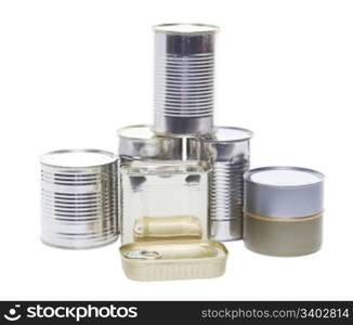 A pile of tinned foods with no labels. Shot on white background.