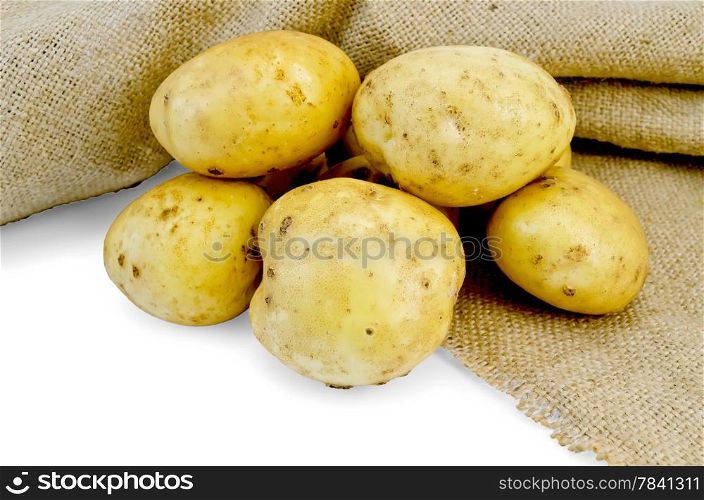 A pile of yellow potato tuber with a cloth sack isolated on white background