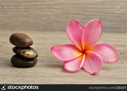A pink frangipani flower with a pile of flat stones next to it