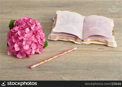 A pink Hydrangea with a notebook and pencil