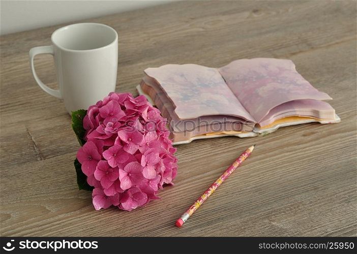 A pink Hydrangea with a notebook, pencil and mug
