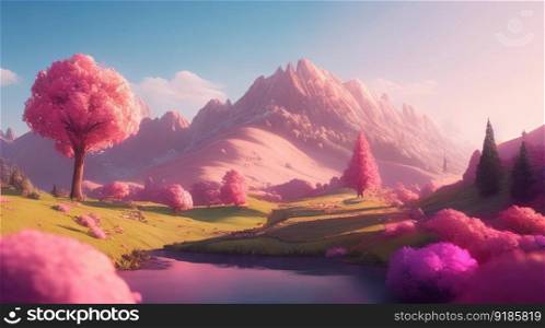 A pink landscape with a mountain in the background. Generative AI.