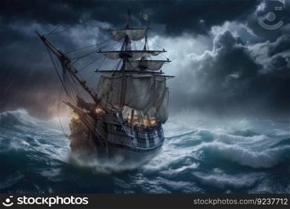 a pirate ship in a fierce storm, with waves crashing and lightning flashing, created with generative ai. a pirate ship in a fierce storm, with waves crashing and lightning flashing