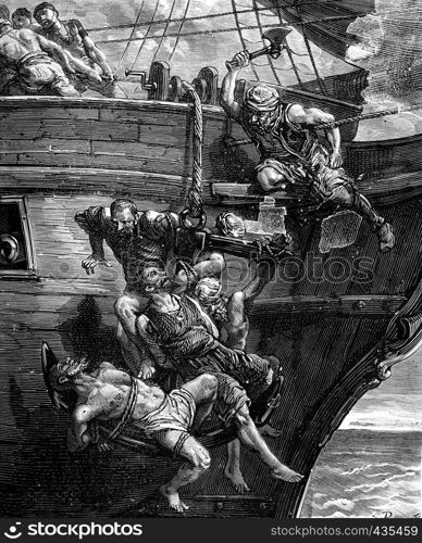 A pirate. The anchor sank, taking with it the human cluster, vintage engraved illustration. Journal des Voyages, Travel Journal, (1879-80).