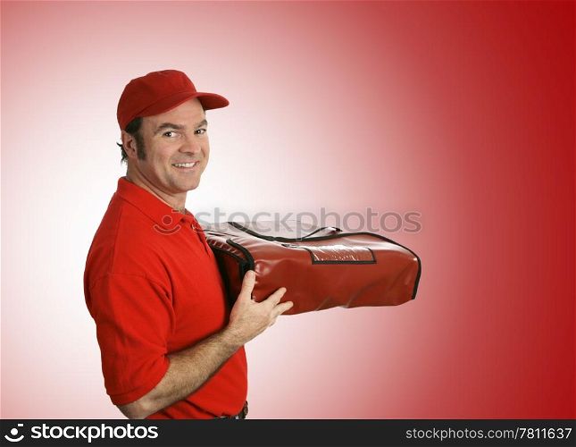 A pizza delivery man bringing your pizza. Isolated over a red background.