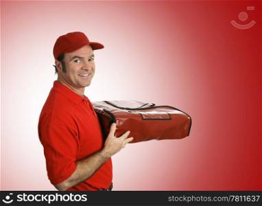 A pizza delivery man bringing your pizza. Isolated over a red background.
