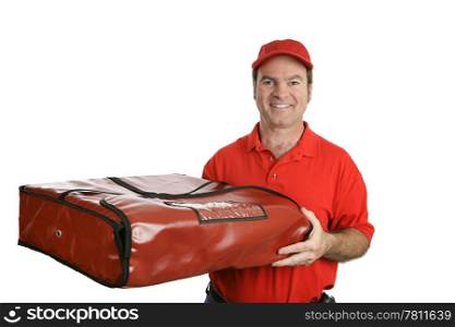 A pizza delivery man carrying a thermal pizza delivery bag to hold in the heat. Isolated on white.