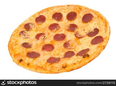 a pizza with pepperoni, on white background, clipping path