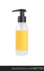 A plastic bottle with a yellow label and a black top with snoute stand on a white isolated background.